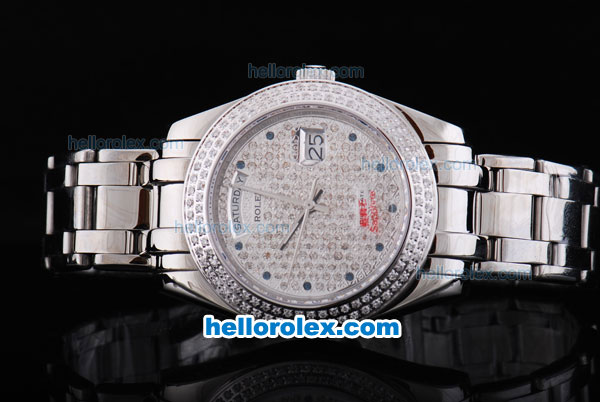 Rolex Day-Date Oyster Perpetual Automatic Full Diamond Bezel and Dial,Blue Round Bead Marking and Big Calendar - Click Image to Close